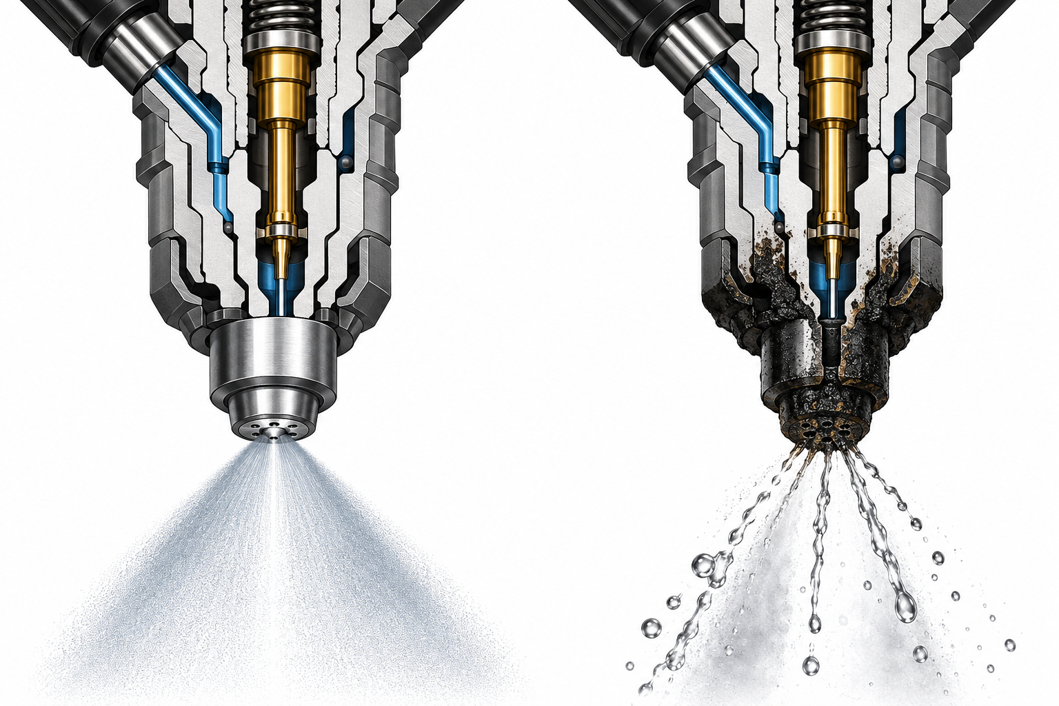 Comparison between a clean GDI injector spray pattern and a coked injector spray pattern